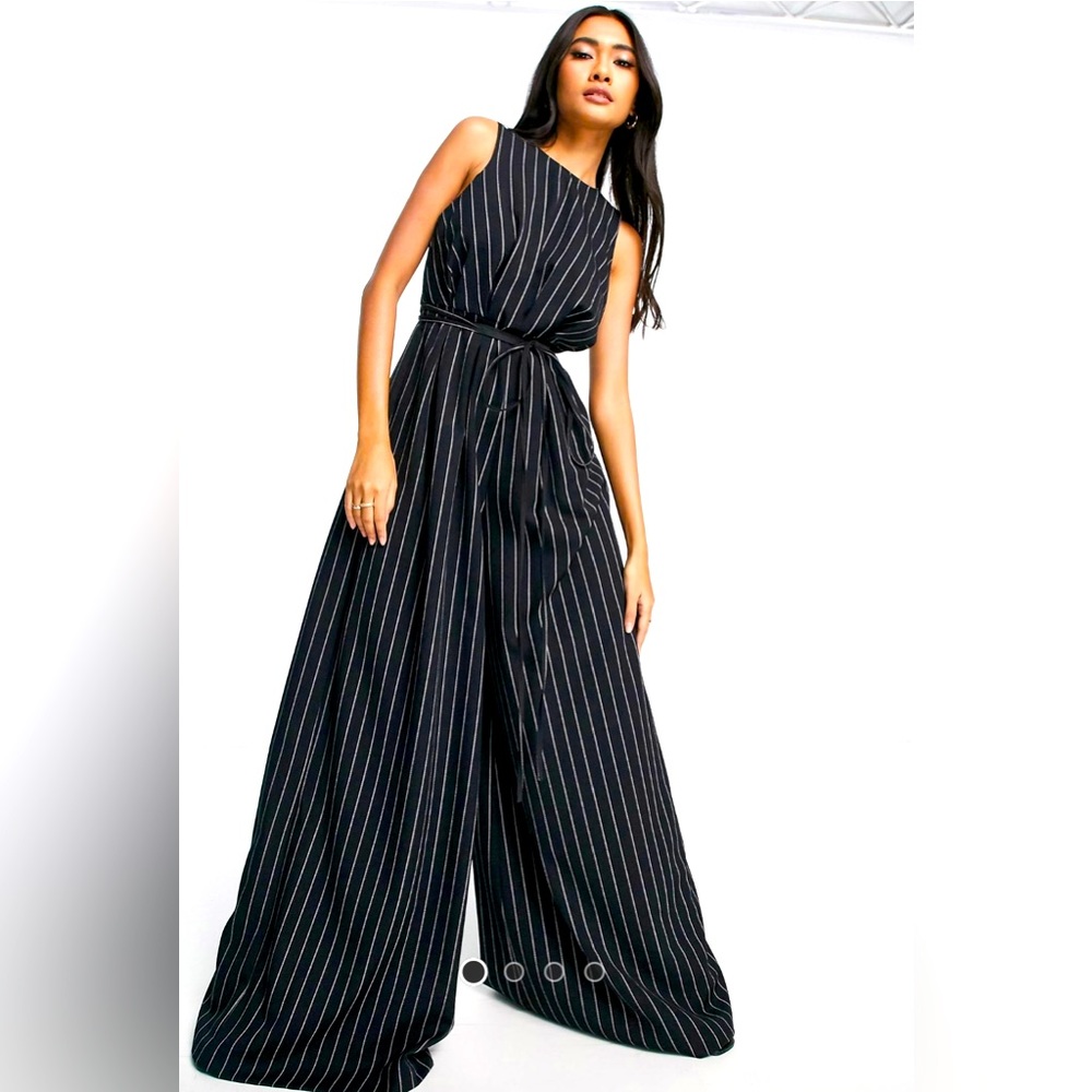 ASOS Design racer neck cinched waiste culotte jumpsuit in grey & black pinstripe